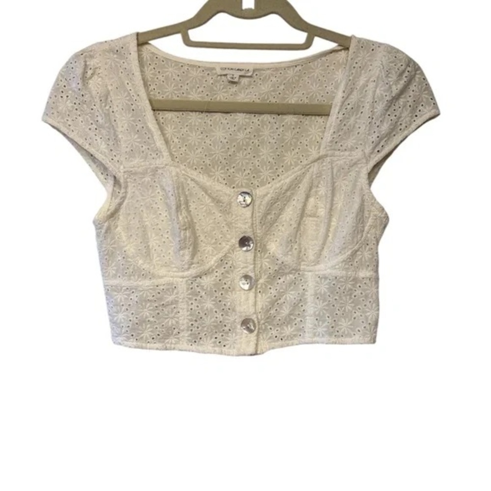 Cotton Candy Cream Eyelet Button Crop Top
